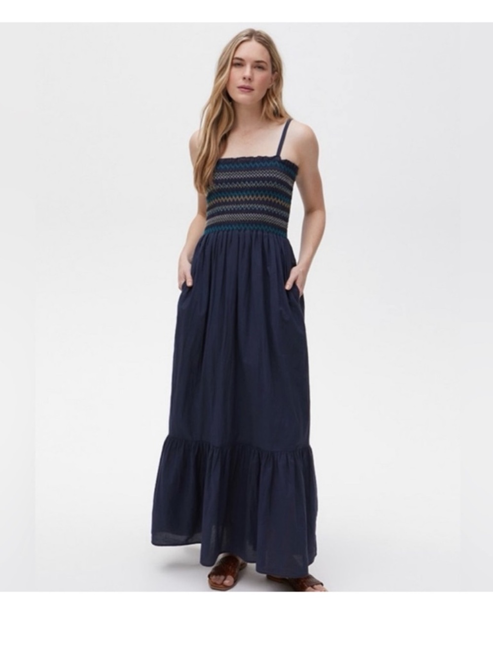Michael Stars Alejandra Smocked Weave Admiral Blue Maxi Dress Cotton Medium - Picture 3 of 9